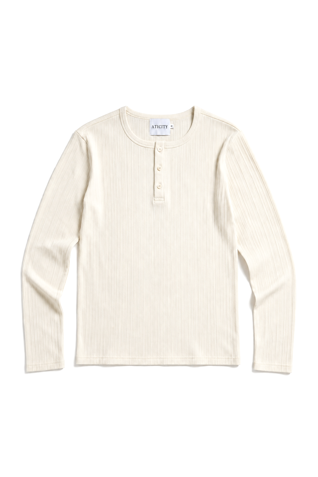 An off-white ribbed long-sleeve henley shirt with a three-button placket, laid flat on a white background.