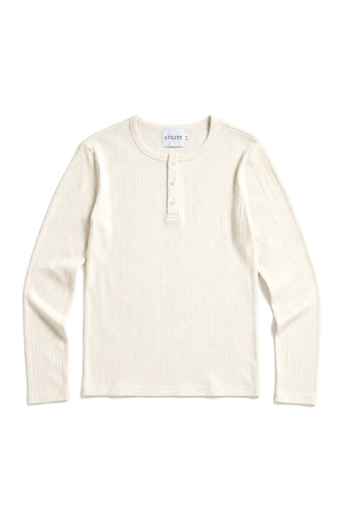 An off-white ribbed long-sleeve henley shirt with a three-button placket, laid flat on a white background.